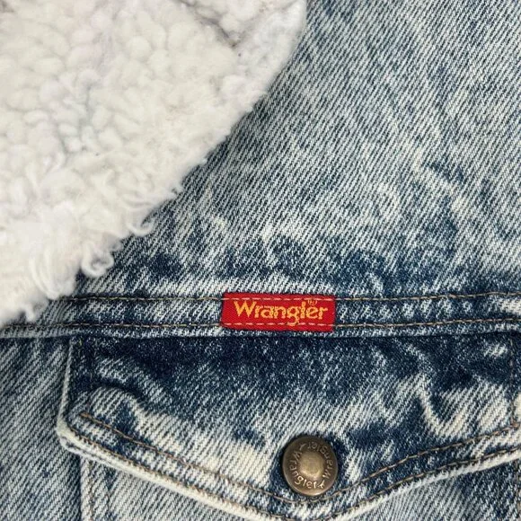 Vintage 80s Wrangler Trucker Jean Jacket Acid Snow Wash Sherpa Western Outlaw M - Picture 9 of 16